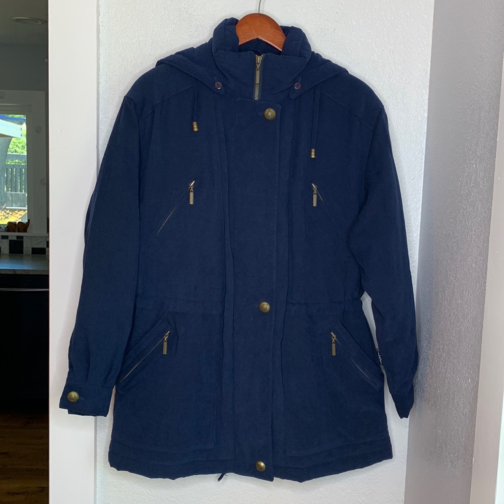 IZZI Outerwear Navy Hooded Parka Coat Funnel Neck Size Small Winter